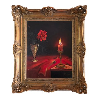 Mid-20th Century Candlelit Rose Still Life Oil Painting Signed Ruschè For Sale