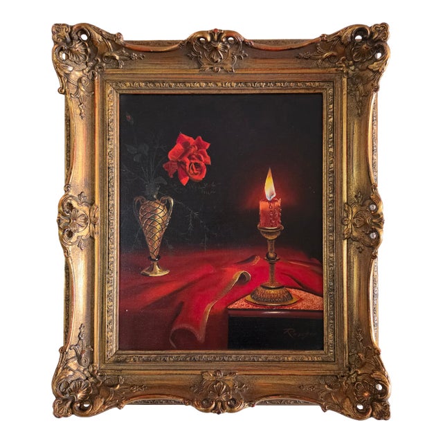 Mid-20th Century Candlelit Rose Still Life Oil Painting Signed Ruschè For Sale