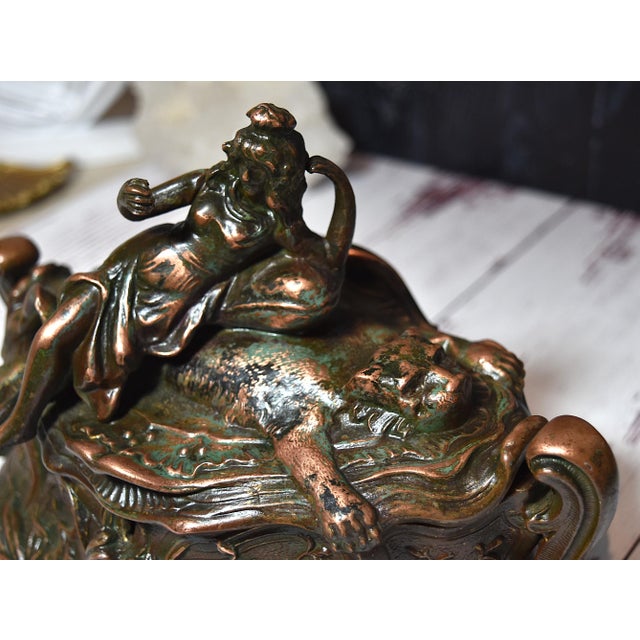 Antique Art Nouveau Metal Dresser Box Casket Lady on Bear Skin Rug For Sale - Image 14 of 18