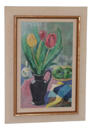 Gustaf Börtner, Tulips and Fruit, 1950s, Oil on Panel, Framed