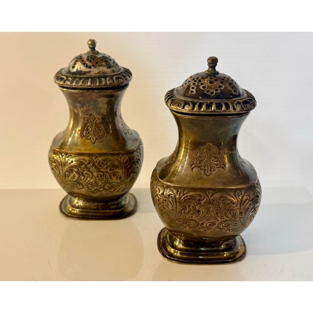 Mid 20th Century Pair of Vintage English Barker Ellis Silverplate Repoussé Salt & Pepper Shakers For Sale - Image 5 of 10