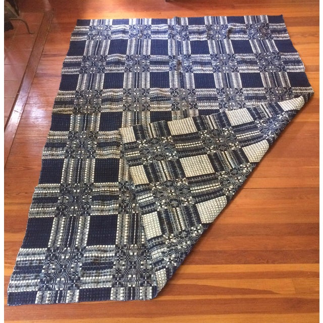 Antique Blue and White Hand Loomed Wool Coverlet Throw Blanket With