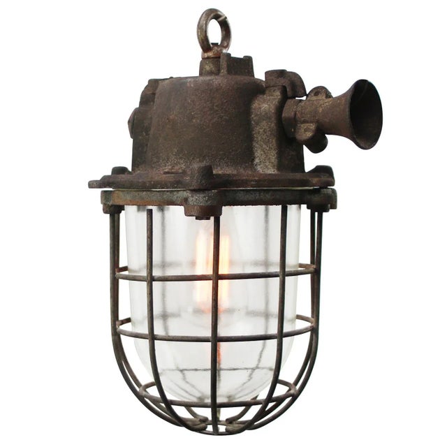 Vintage Industrial Rust Iron Clear Glass Pendant Lamp For Sale - Image 5 of 5