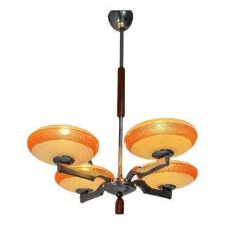 Art Deco Frosted Glass, Bakelite and Chromed Metal 4-Light Chandelier, Former Czechoslovakia, 1930s For Sale