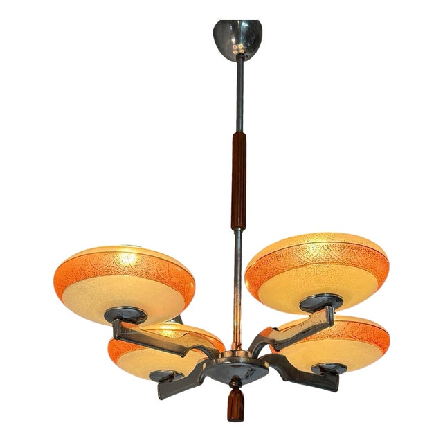 Art Deco Frosted Glass, Bakelite and Chromed Metal 4-Light Chandelier, Former Czechoslovakia, 1930s For Sale