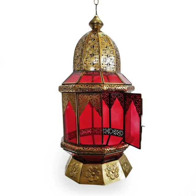 Indian Vintage Moorish Indian Brass & Red Glass Pendant Light For Sale - Image 3 of 7