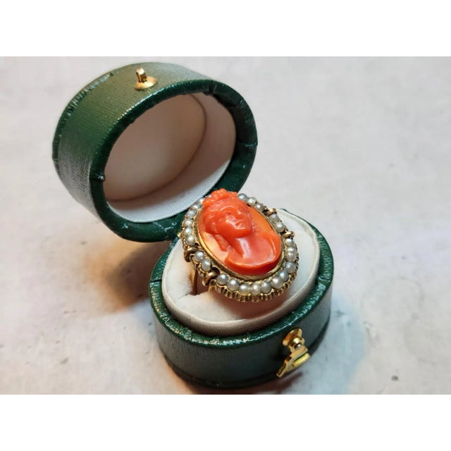 Metal Antique Victorian Coral Cameo Pearl Gold Ring Size 6 For Sale - Image 7 of 9