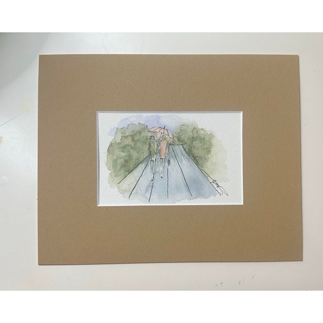 A tender, minimalist watercolor depicting two figures walking side by side beneath an umbrella along a quiet tree-lined...