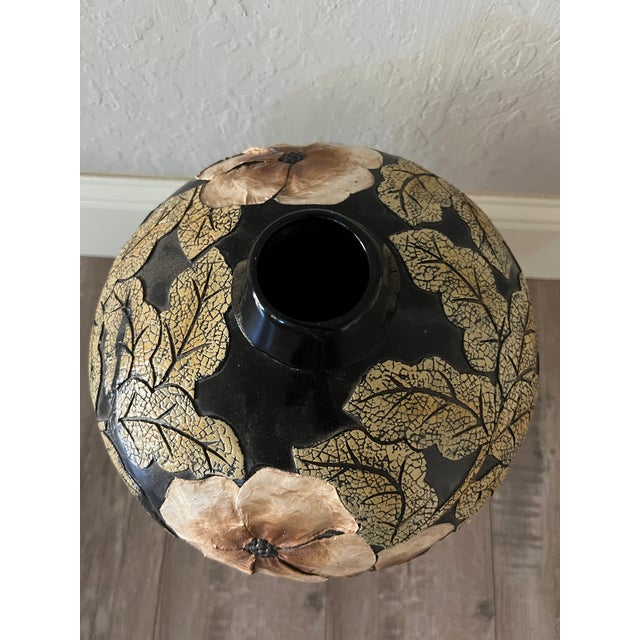 Asian Decorative Meiping Black Vase Applied Leaf and Flower Relief For Sale - Image 3 of 5