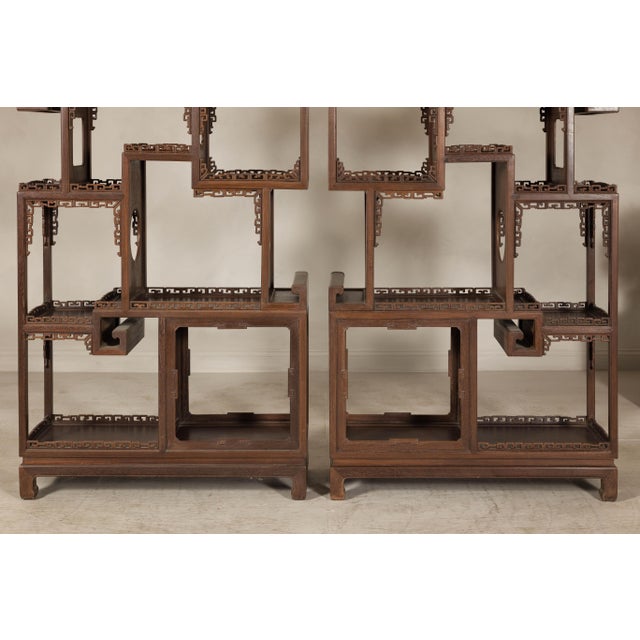 Brown Pair of Late Qing Dynasty Brown Lacquered Display Shelves with Fretwork Motifs For Sale - Image 8 of 12