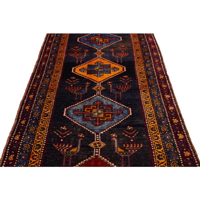 Textile Vintage Persian Qashqai Runner - Hand-Knotted Tribal Wool Rug With Peacock & Medallion Design For Sale - Image 7 of 9