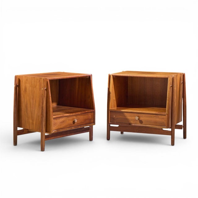 Kipp Stewart for Drexel Declaration Mid Century Walnut Floating Nightstands - Pair Each nightstand measures: 24.75 wide x...