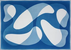 2025, Contemporary Cyanotype Print Inspired in Mid-Century Modern Shapes, Unique Monotype on Watercolor Paper by Kind of Cyan