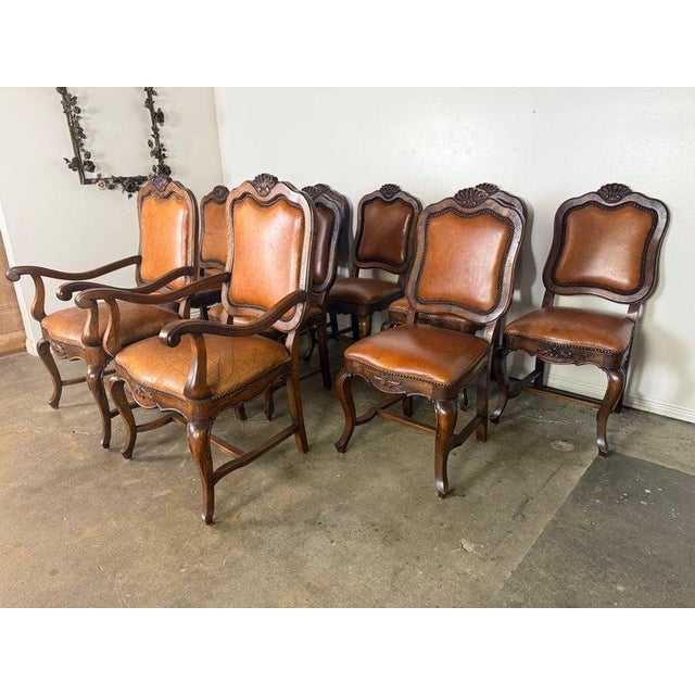 Set of Ten French Carved Wood Dining Chairs With Leather Upholstery For Sale - Image 4 of 18