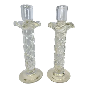 Murano Clear Crystal Glass Air Twist Stem Candlestick Holders - a Pair