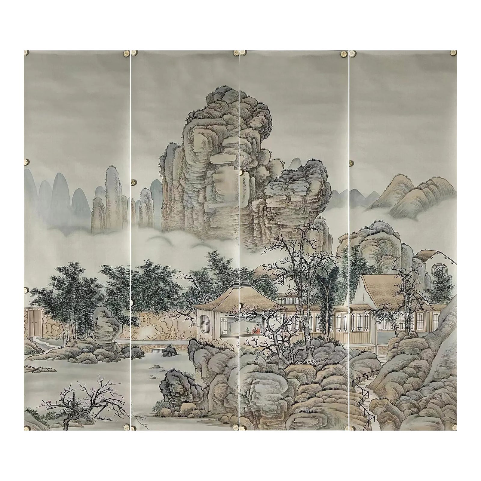 Mountain Mural Hand Painted Wallpaper on Silk Panel - 4 Panels | Chairish
