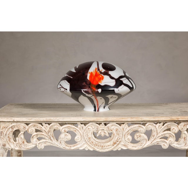 Midcentury Blown Glass Dome with White, Black and Orange Abstract Décor For Sale - Image 4 of 10
