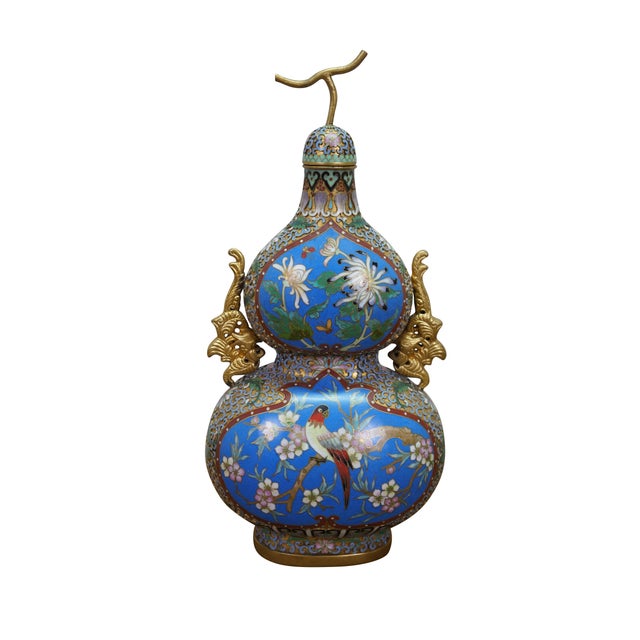 Chinoiserie Antique Chinese Champleve Cloisonne Double Gourd Turquoise Mantel Vases Urns 12" For Sale - Image 3 of 17