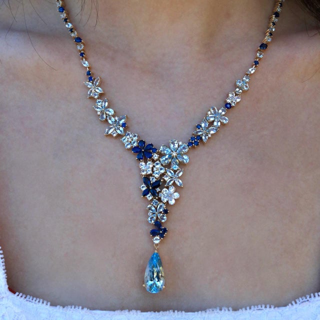 Metal Nina Zhou Symphony Aquamarine Sapphire Statement Necklace For Sale - Image 7 of 8