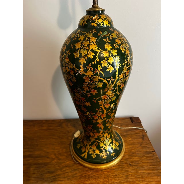 Antique Large Table Lamp Gold Laquored With Handpainted Birds and Leaves For Sale In Philadelphia - Image 6 of 12