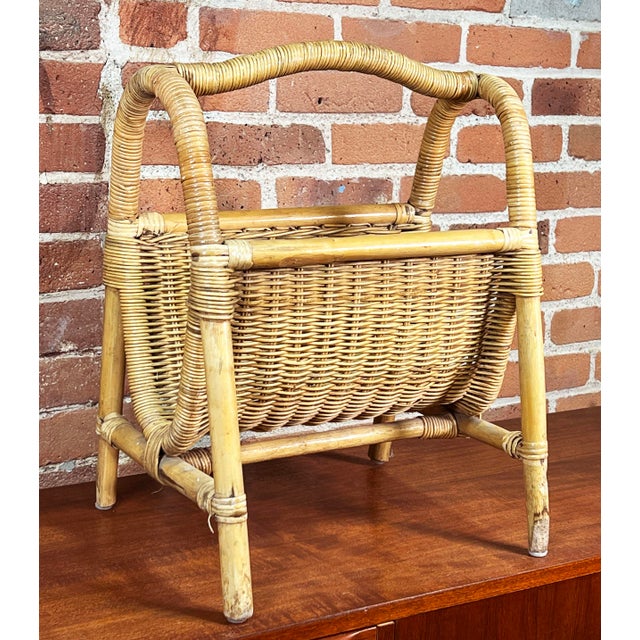 Mid 20th Century Vintage BoHo Chic Bamboo & Wicker Rattan Magazine Rack For Sale - Image 5 of 7