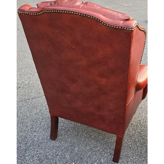 Pair of Classic Leather Furniture Tufted Oxblood Leather Wingback Library Lounge Chairs With Brass Nailhead Trim, Circa 1980s For Sale - Image 4 of 14