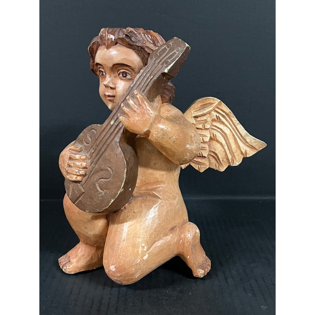 Figurative Vintage Hand Carved Wooden Cherub Angel Glass Eyes and Playing a Mandolin Sculpture For Sale - Image 3 of 7