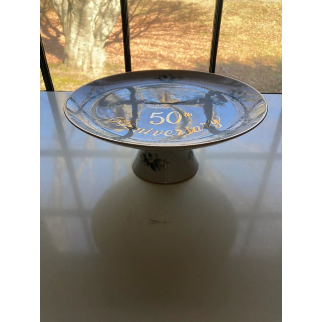 Vintage hand painted with birds, bells and floral, fine porcelain pedestal cake stand 50th anniversary 10.25"D X 5.5"H,...