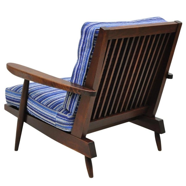Vintage George Nakashima Spindle Back Sculpted American Black Walnut 1950s "Cushion" Lounge Arm Chair with Blue...