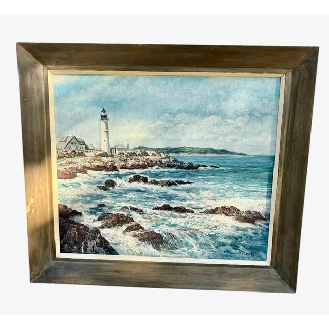 Vintage Framed Oil on Canvas Painting - Portland Head Lighthouse, Maine Rocky Coastline Seascape Signed For Sale - Image 12 of 12