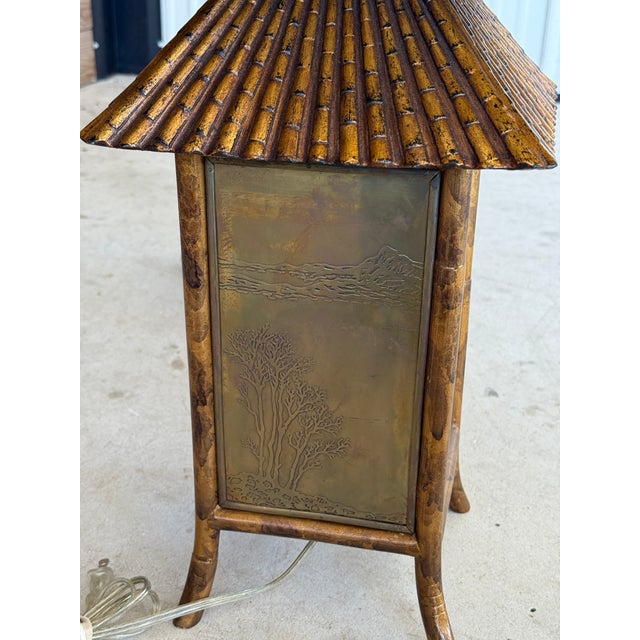 Burnt Umber Late-20th Century Mixed Media Faux Bamboo Pagoda Table Lamps With Etched Brass Panels and New Black Shades-Pair For Sale - Image 8 of 12