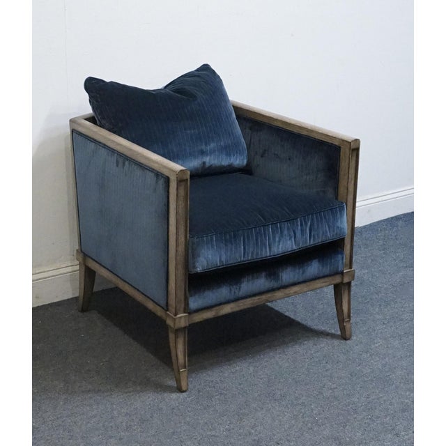 Vanguard Furniture Vanguard Furniture Contemporary Modern Channel Stitched Slate Blue Velvet Upholstered Accent Arm Chair For Sale - Image 4 of 9