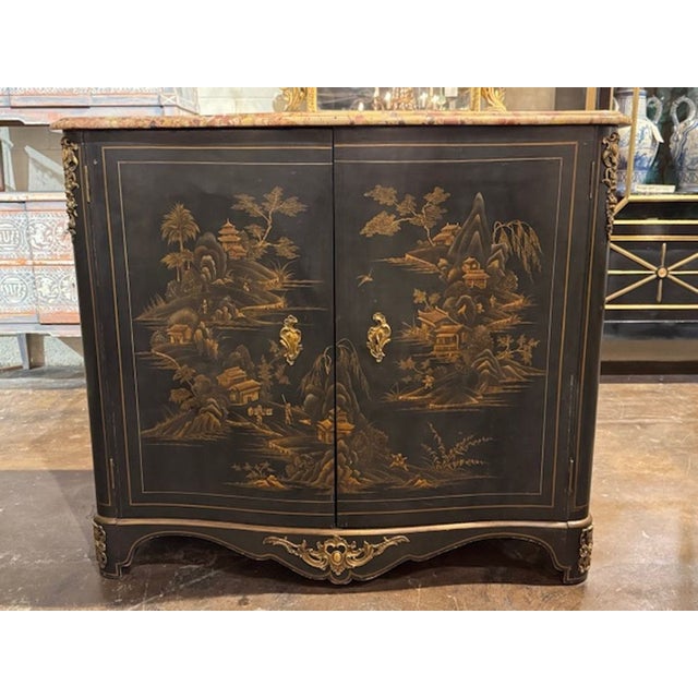 Chinoiserie Antique French French Maison Jansen Style Cabinet With Chinoiserie Design and Marble Top For Sale - Image 3 of 7