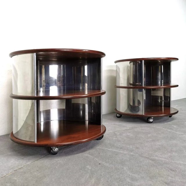 Wood Vintage Round Bedside Tables in Walnut and Steel, 1970s, Set of 2 For Sale - Image 7 of 8