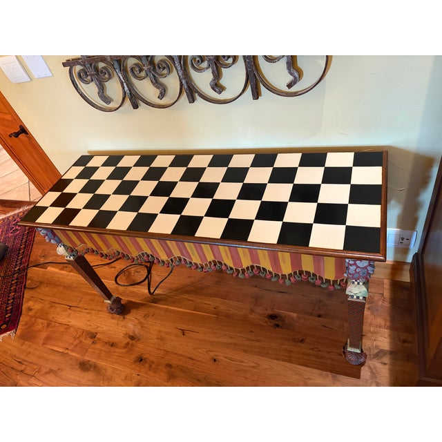 French Country Mackenzie-Childs Courtly Stripe & Check Hand Painted Console Table For Sale - Image 3 of 10