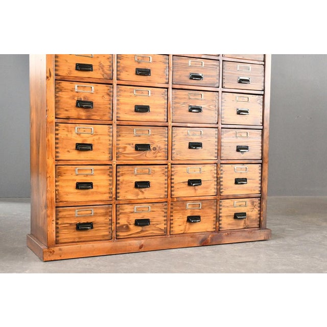 Bank Of Pine Workshop Drawers Circa 1940s Tin cup handles with original black paint - Nickel card label holders - 29...