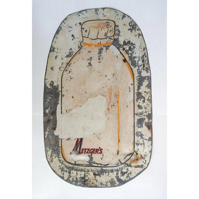 Early 20th Century Vintage Distressed Metzger's Milk Bottle Sign For Sale - Image 5 of 5