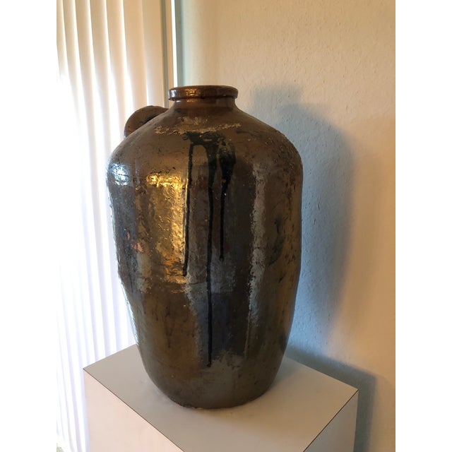 Monumental Antique Primitive Brown Stoneware Jug With Handle For Sale - Image 4 of 8