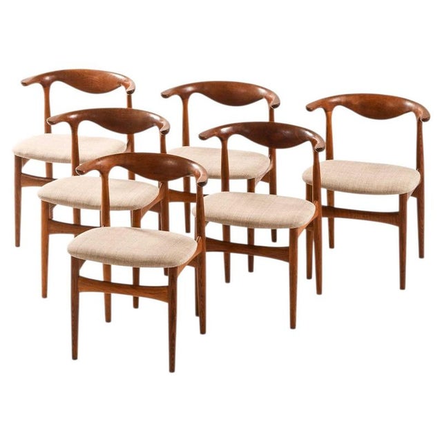 Cowhorn Dining Chairs in Fabric, Oak and Teak attributed to Knud Færch, 1969, Set of 6 For Sale - Image 9 of 9