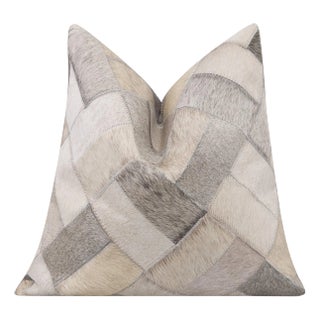 Gray & Ivory Cowhide Leather Pillow - Diamond Patchwork For Sale