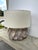 Stylish Currey & Co Weststrand Lamp. Sculptural distresed finish body with large off white linen shade. Gold accents....