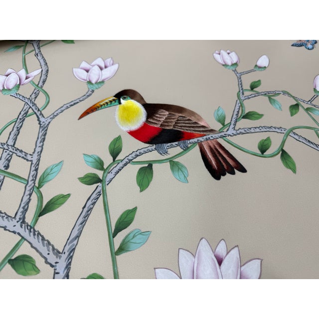 This is a hand-painted Chinoiserie-style wallpaper mural panel featuring elegant botanical branches, delicate flowers, and...