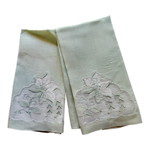 Pair Vintage Pale Pistachio Madeira Linen & Organza Fingertip Towels