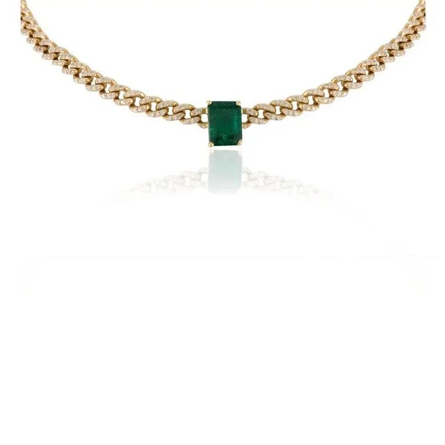 Art Deco Statement 2.72ct Emerald & 2.52ct Diamond Choker Necklace in 18k Solid Gold for Women For Sale - Image 3 of 14