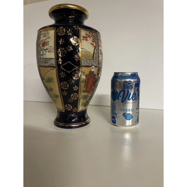 Antique Japanese Meiji Satsuma Hand-Painted Figural Cabinet Vase, Black & Gold, 10” For Sale - Image 10 of 11