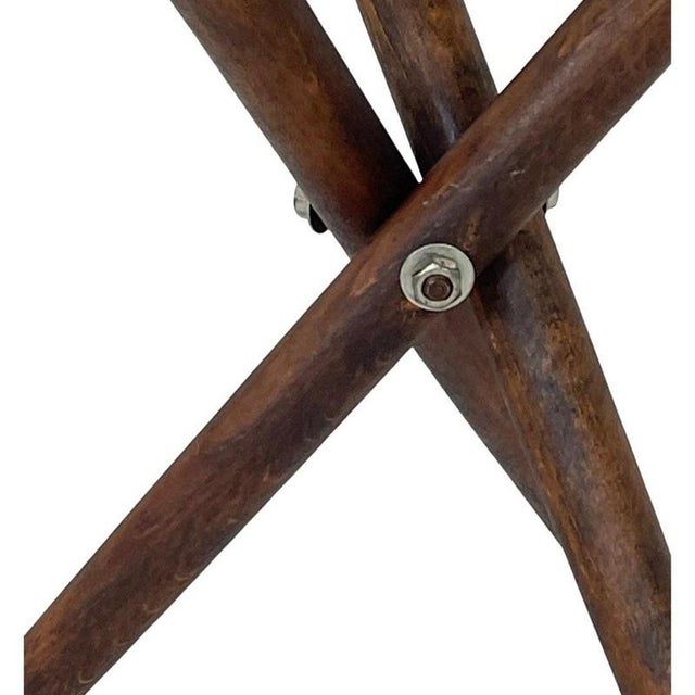Industrial Military Campaign Foldable Tripod Hunting Stool in Wood and Leather Upholstery For Sale - Image 3 of 6