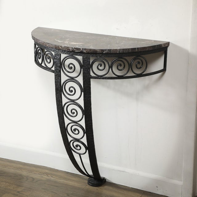 Art Deco Demilune Wrought-Iron Spiral & Noir St Laurent Marble Console Table For Sale - Image 16 of 17