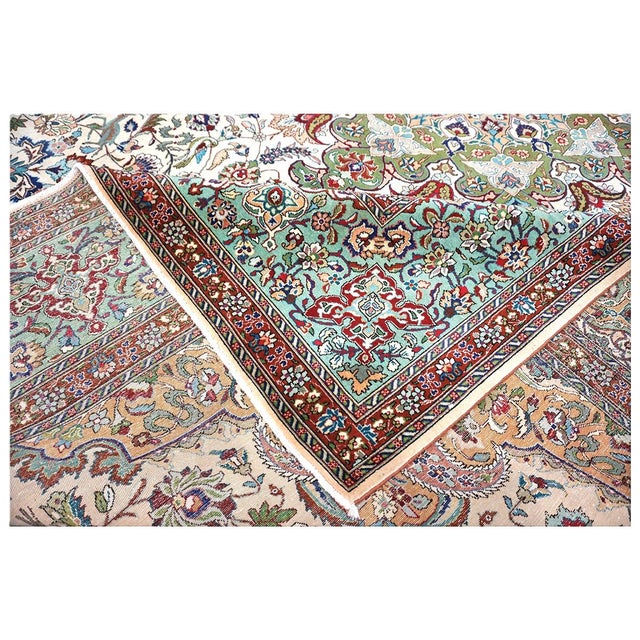 Ivory Antique Persian Tabriz Wool & Cotton 10X13 Ivory, Peach, Red & Teal Handmade Area Rug #1140364 For Sale - Image 8 of 9