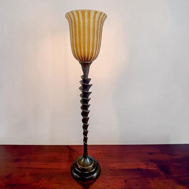 1970s Spiral Cut Bronze Toned Torchiere Buffet Lamps With Tiger Striped Amber Glass Shades - A Pair For Sale - Image 5 of 14