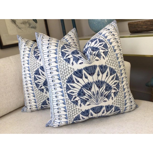 Thibaut Thibaut “Cairo” in Blue Plush Down-Filled Complete 24" Pillow - A Pair For Sale - Image 4 of 5